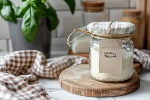 Close-up of a labeled glass jar of sourdough discard with a rubber band marker on a wooden board, white subway tile and soft basil blur.