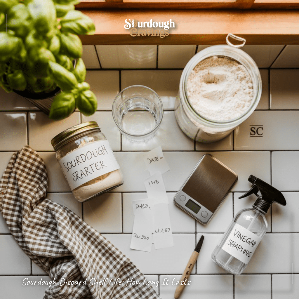 Flat lay of sourdough discard tools—jar, flour, water, scale, vinegar spray, date labels—on wood with white subway tile and basil blur.