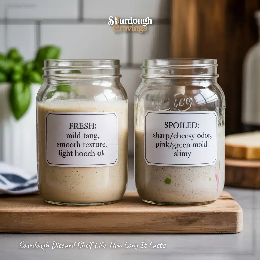 Side-by-side jars comparing fresh sourdough discard with mild hooch and spoiled discard with off colors and texture.