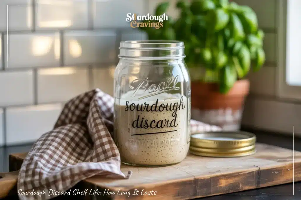 Sourdough Discard Shelf Life: How Long It Lasts — tidy labeled jar on aged wood, soft light, white subway tile.