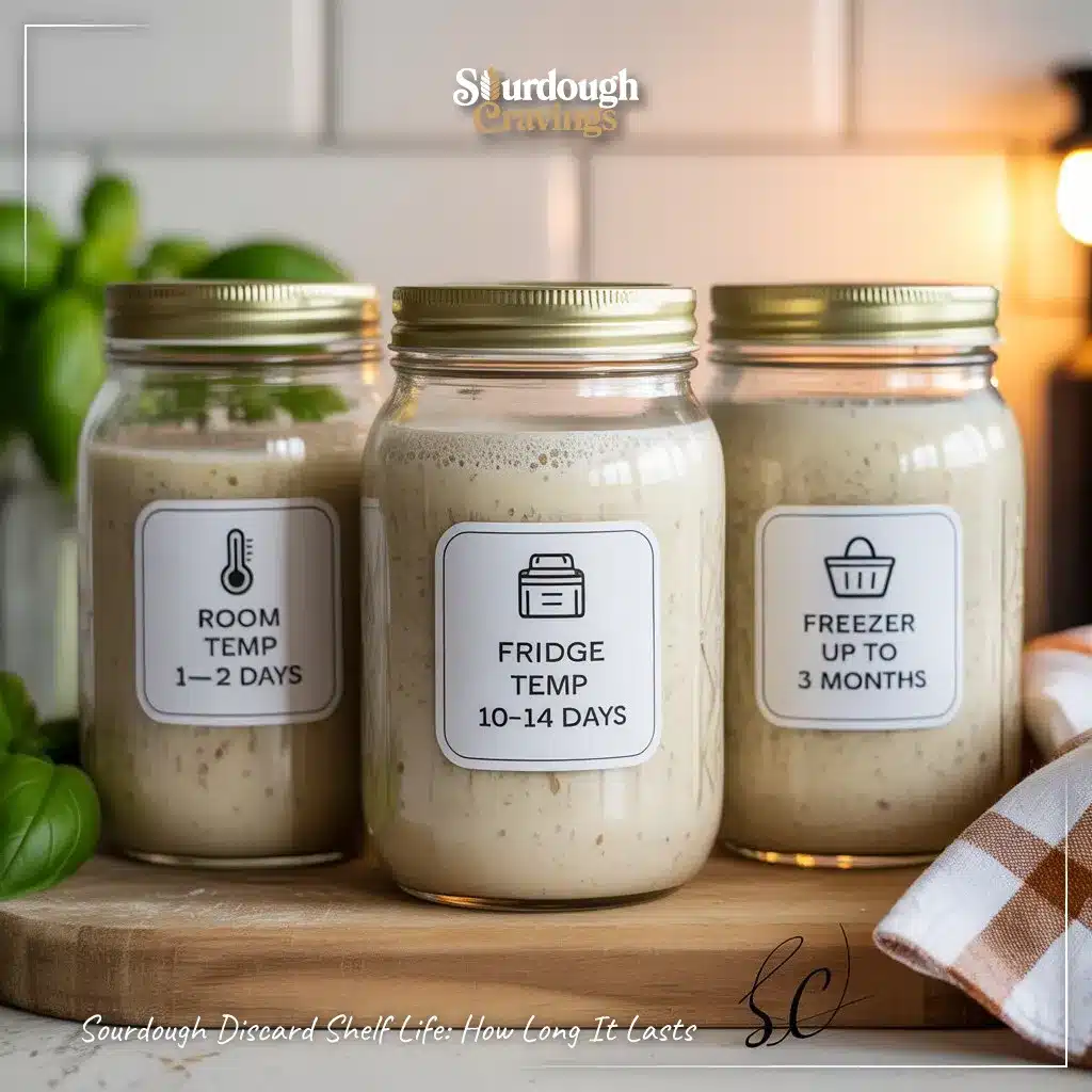 Three labeled jars showing sourdough discard shelf life at room temperature, in the fridge, and in the freezer on a wooden surface.
