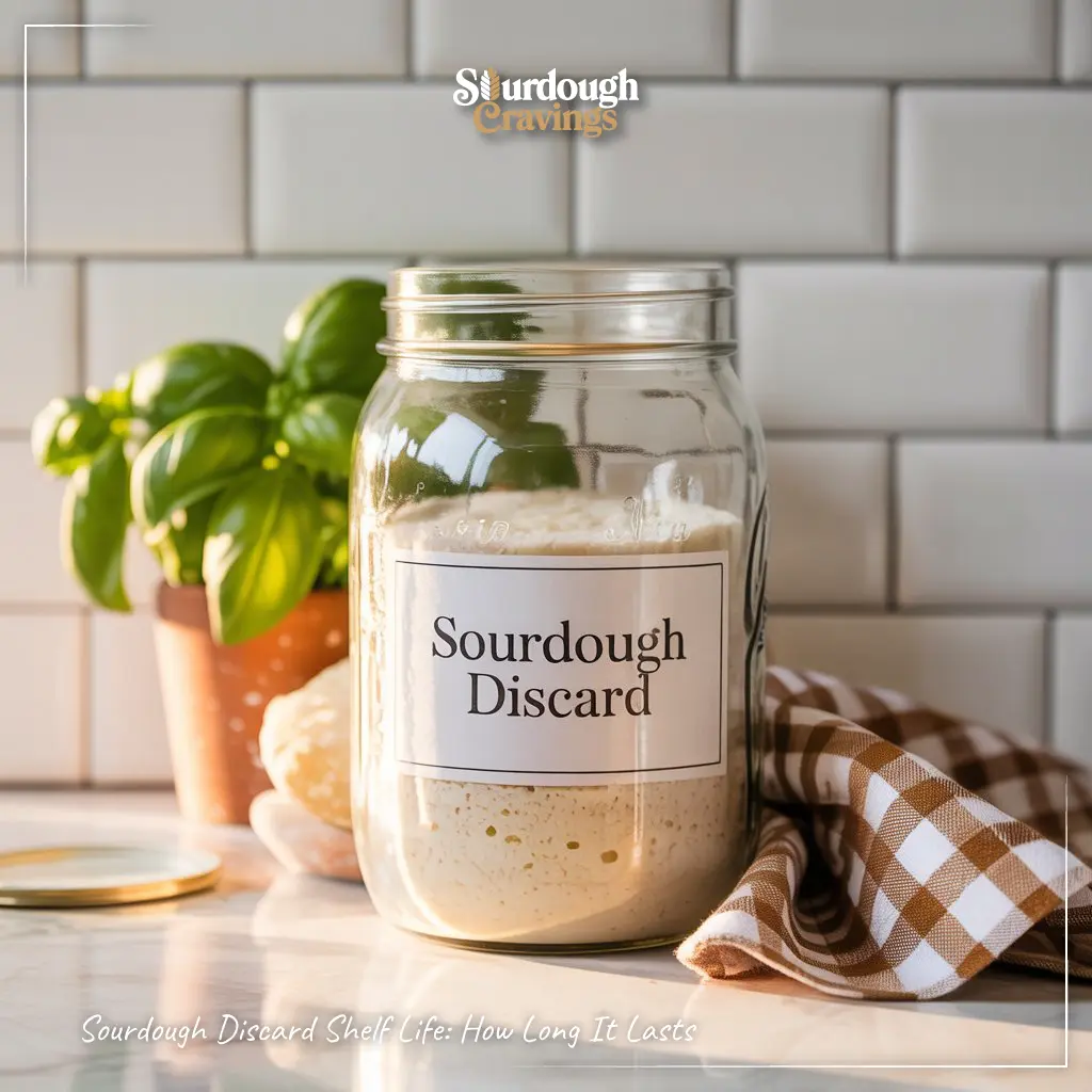 Sourdough Discard Shelf Life: How Long It Lasts — labeled jar of discard on a wooden board with white subway tile backdrop.