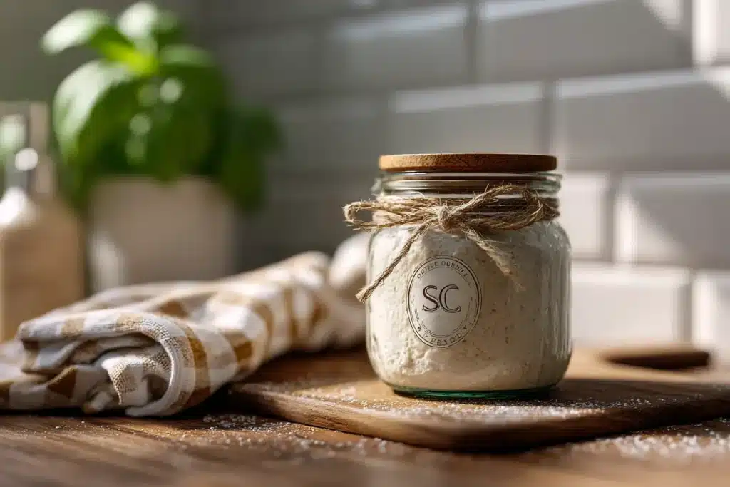 what-is-sourdough-discard-jar-hero-26 what is sourdough discard? A labeled glass jar of sourdough discard on a vintage wood board, white subway tile and soft basil blur, warm side light.