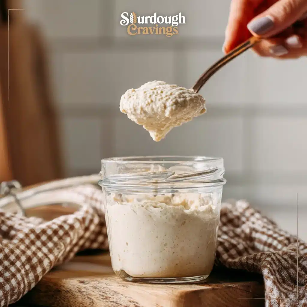 what-is-sourdough-discard-process-remove Close view of sourdough starter portion being transferred to a small bowl to create discard, warm side light, subway tile background.